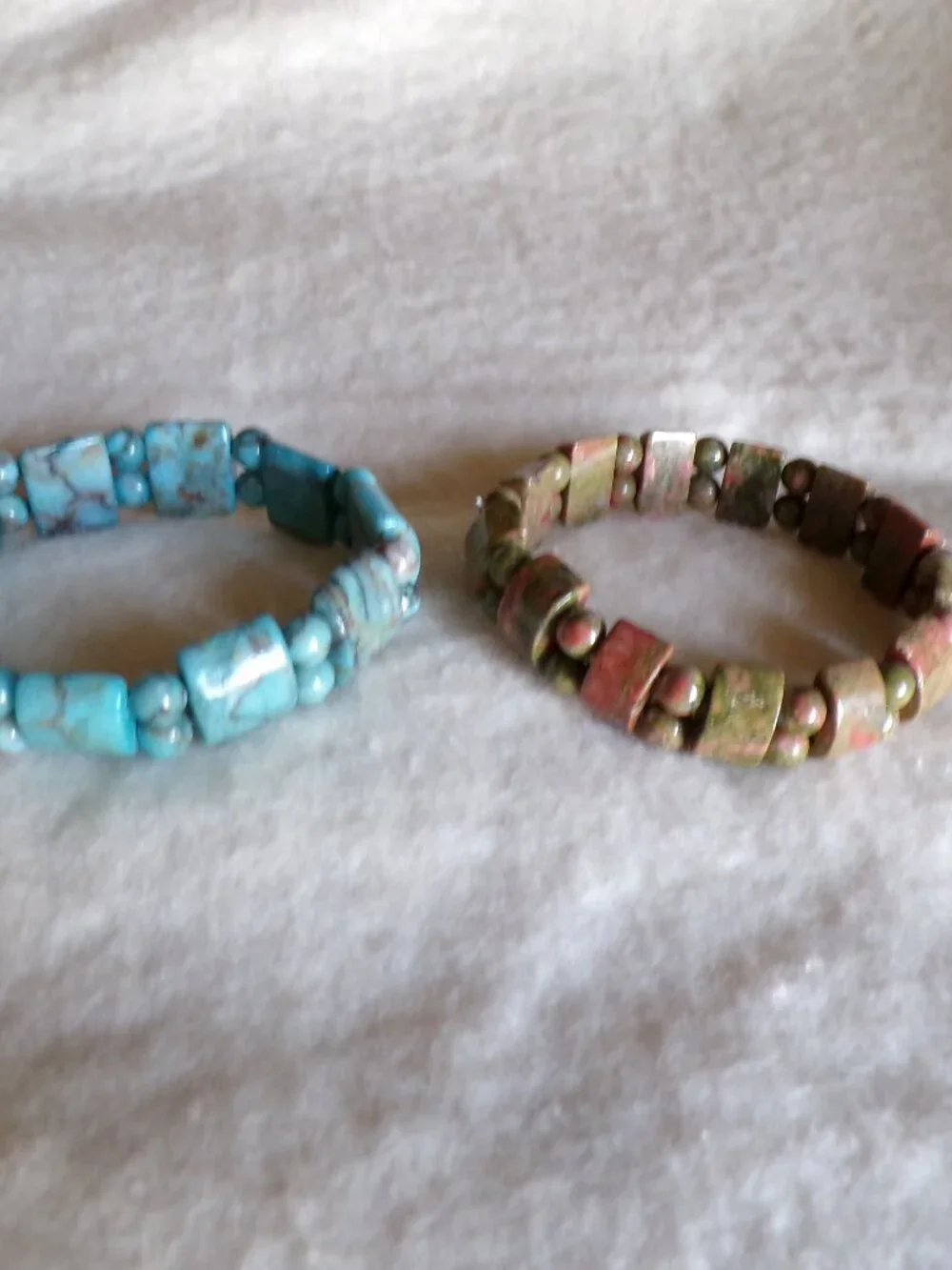 Set of 2 Blue Amazon Jasper and Green Jasper Beaded Stretch Bracelet
